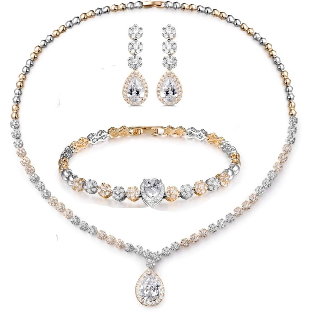 Women Hadskiss Jewelry Set Necklace Dangle Earrings Bracelet Set White Gold Set